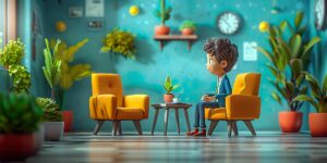 Geschäftsinhaber auf gelbem Stuhl, auf der Suche nach einer Führungskraft