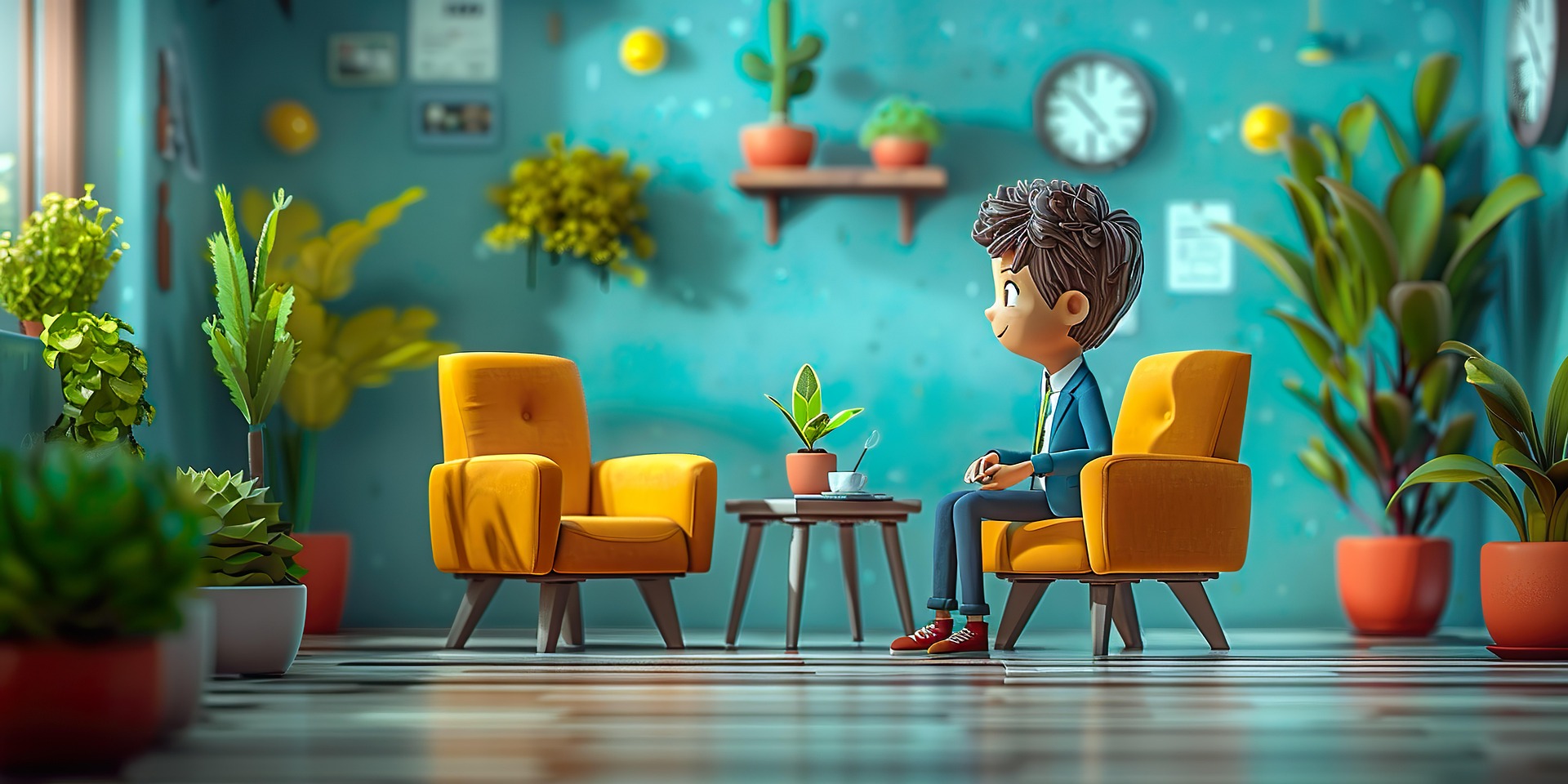 Geschäftsinhaber auf gelbem Stuhl, auf der Suche nach einer Führungskraft